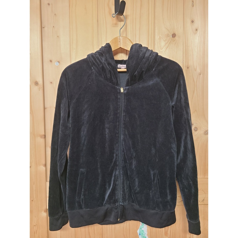 Juicy Couture Velour Hoodie Women XL Black Good Pink Glitter Crest Y2K Zip Up